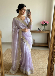 Fendy Satin Silk Saree – Gold Embroidery with Pearl Detailing & Matching Blouse 2