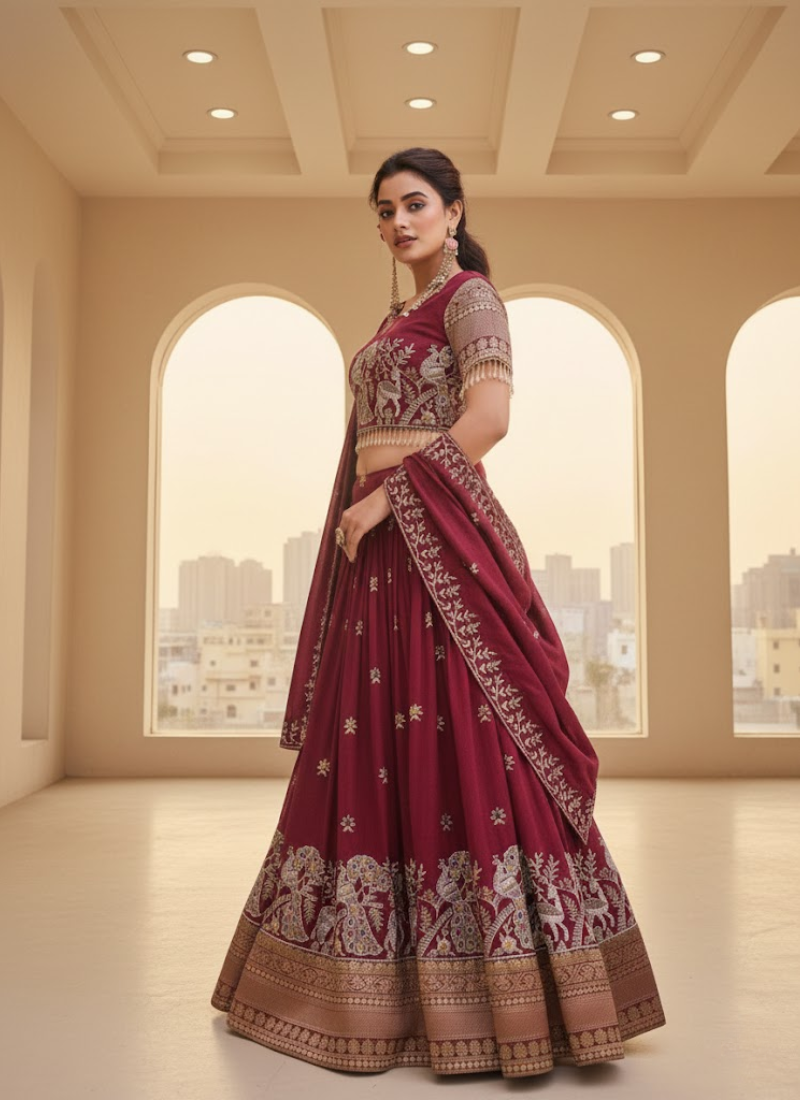 Pure Vichitra Embroidered Lehenga Choli Ensemble