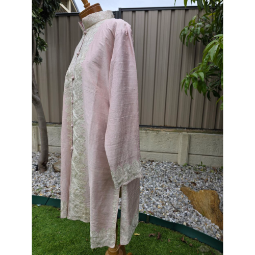 Light Pink Winter Kashmiri Long Coat for Women – Silk with Embroidery