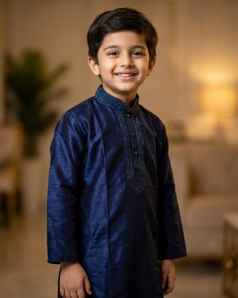 Kids Navy Blue Raw Silk Kurta with White Cotton Pyjama