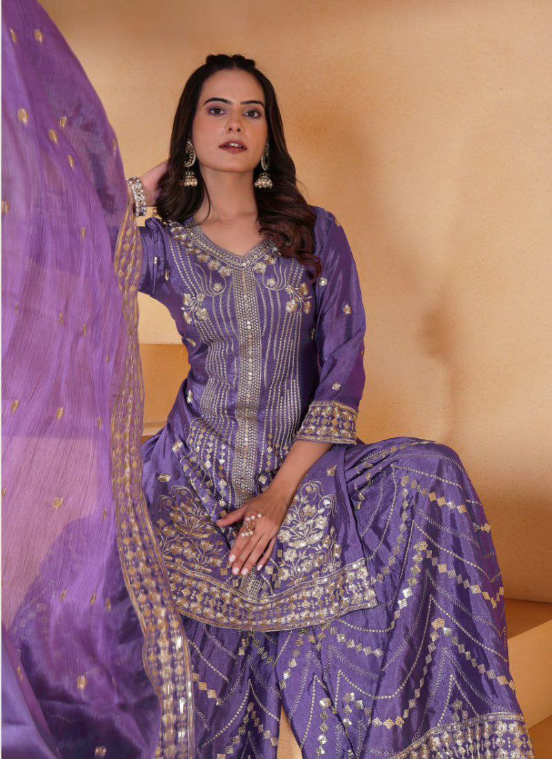 Sharara Suit in Chinon with Sequins Embroidery Work + Dupatta