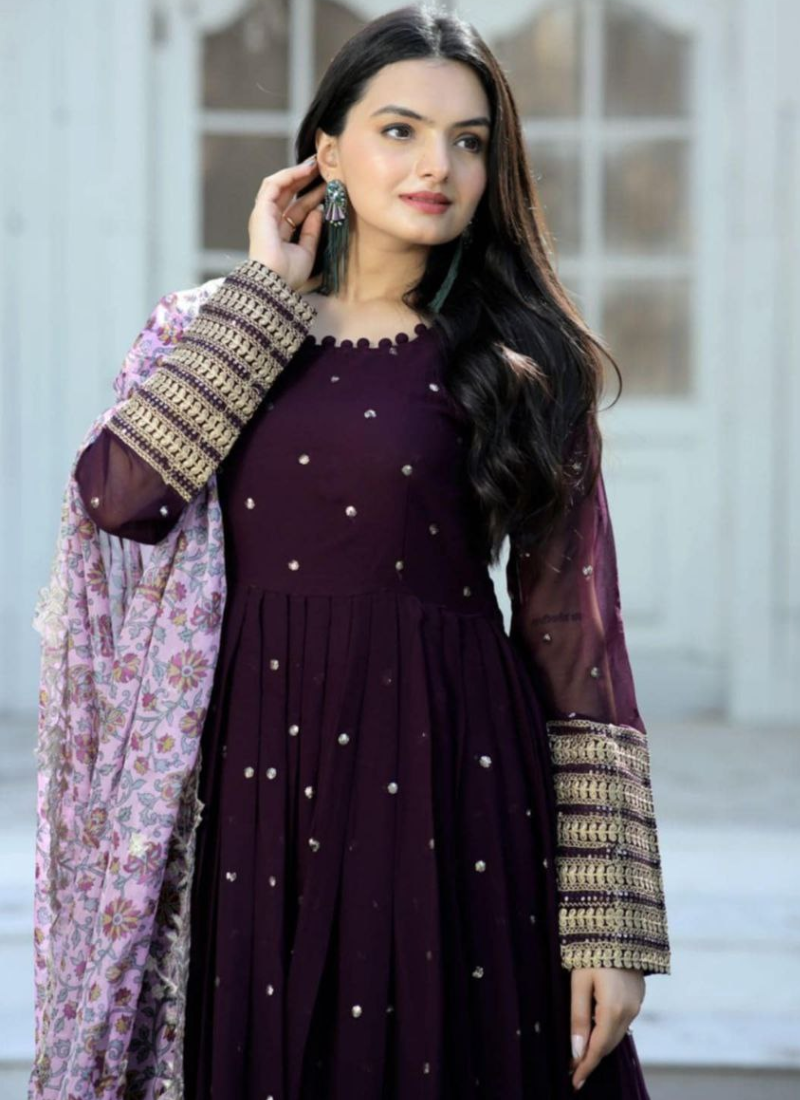 Purple Georgette Anarkali with Printed Dupatta