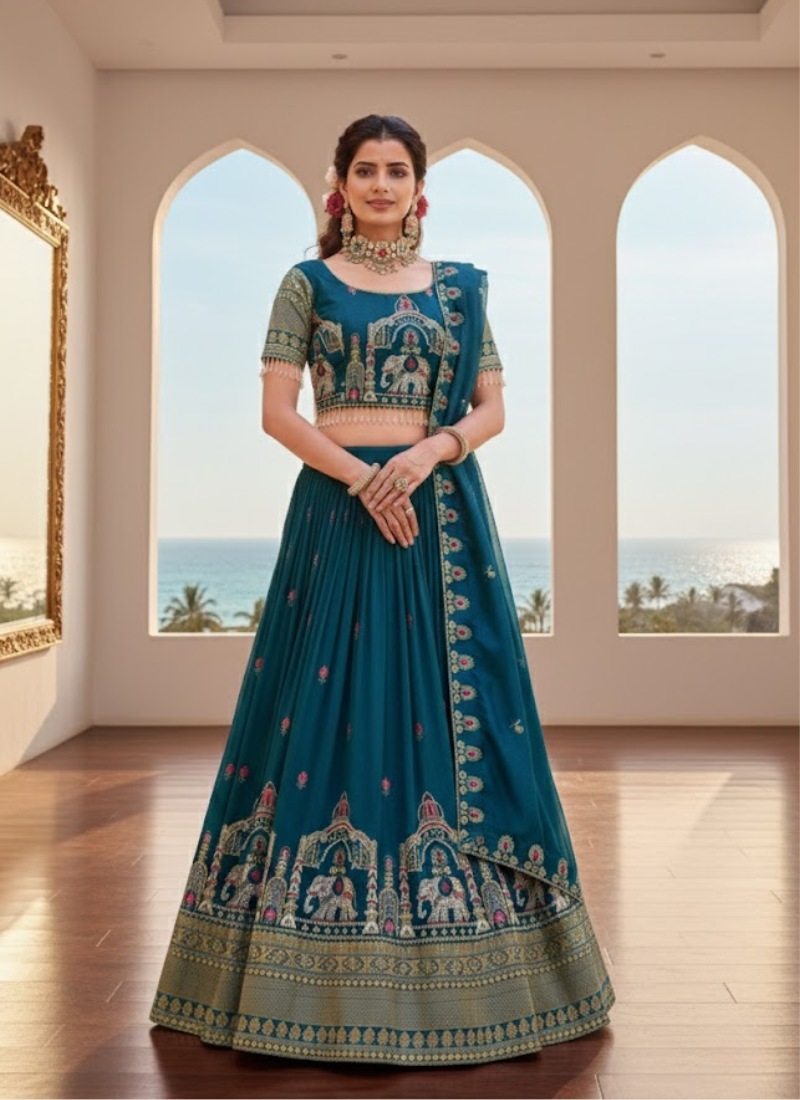 Pure Vichitra Embroidered Lehenga Choli Set