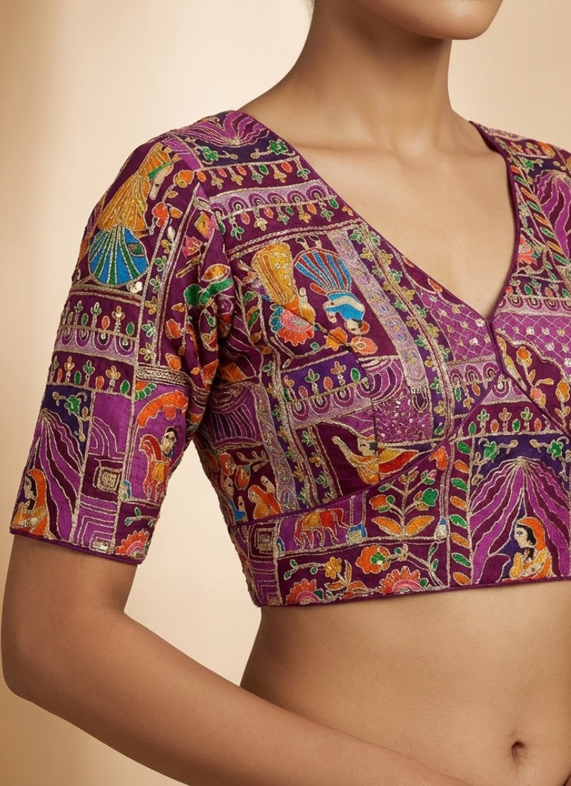 Luxury bridal blouse with velvet fabric, cotton lining, premium padding, and trendy colors.