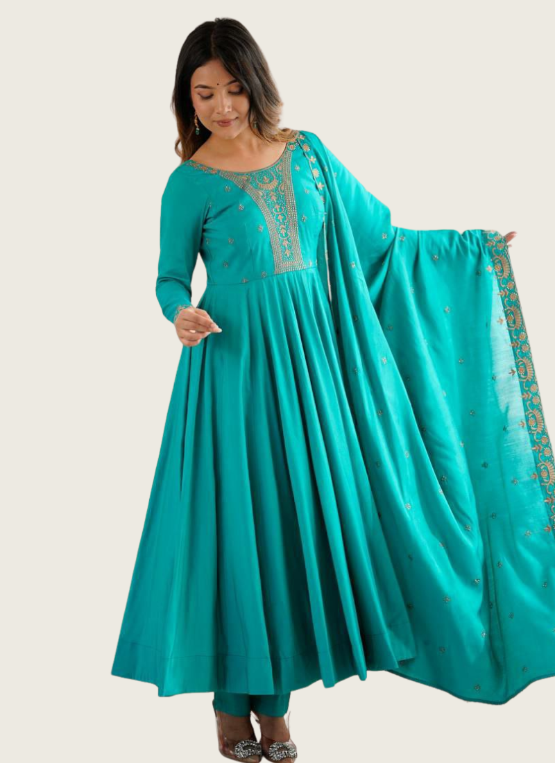Anarkali Suit in Roman Shimmer Chanderi Silk with Beads Handwork + Embroidered Dupatta