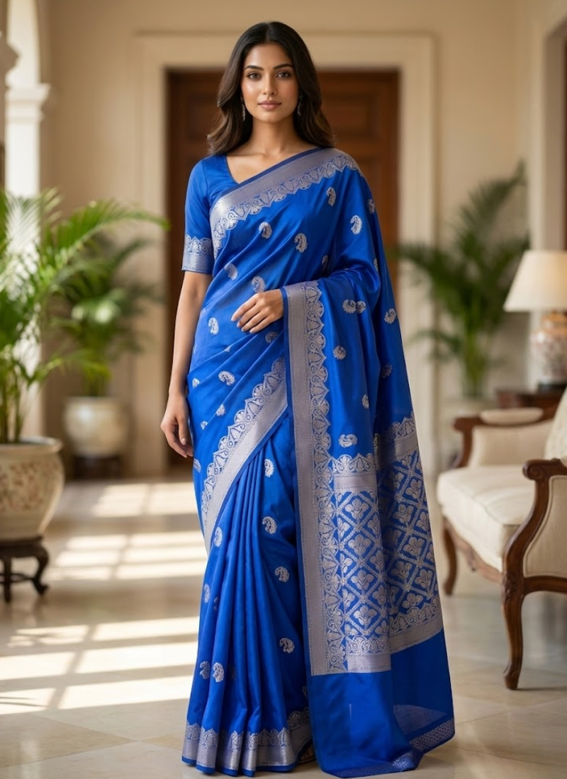 Royal Blue Banarasi Katan Silk Saree – Zari Work
