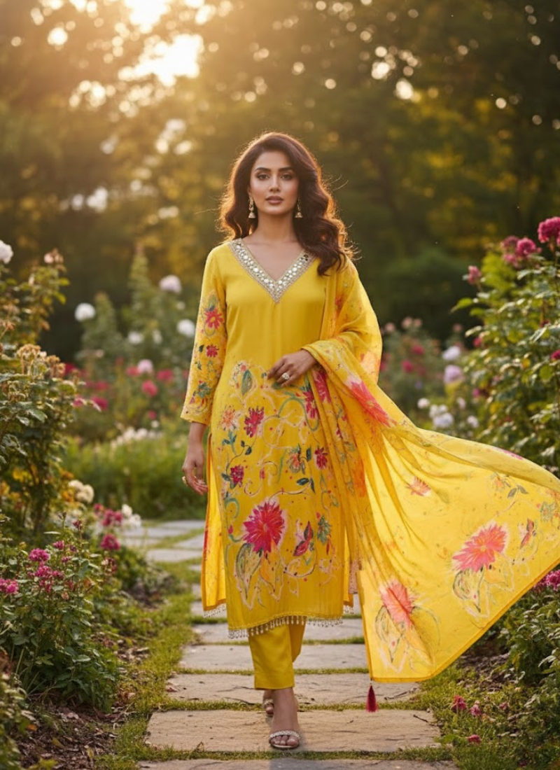 Pakistani Silk Salwar Suit with Mirror & Stone Work