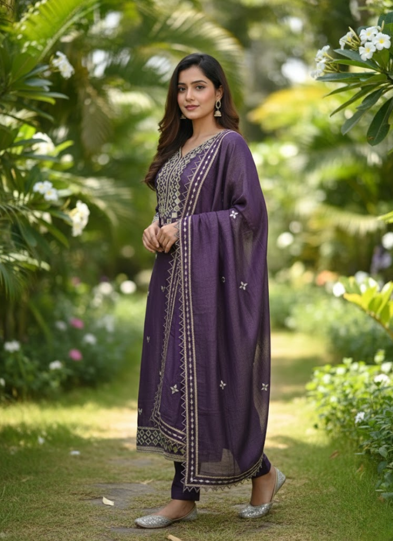 Dark Purple Silk Salwar Suit with Mirror Work Dupatta