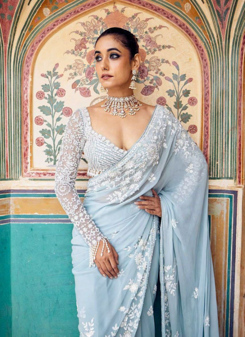 Baby Blue Georgette Saree with Thread Embroidery & Sequins Work + Blouse Piece