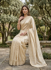 Fendy Satin Silk Saree – Gold Embroidery with Pearl Detailing & Matching Blouse 6