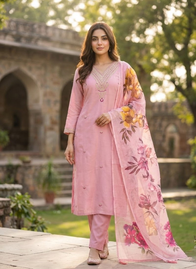 Roman Silk Punjabi Suit with Embroidered Kurti & Digital Print Dupatta