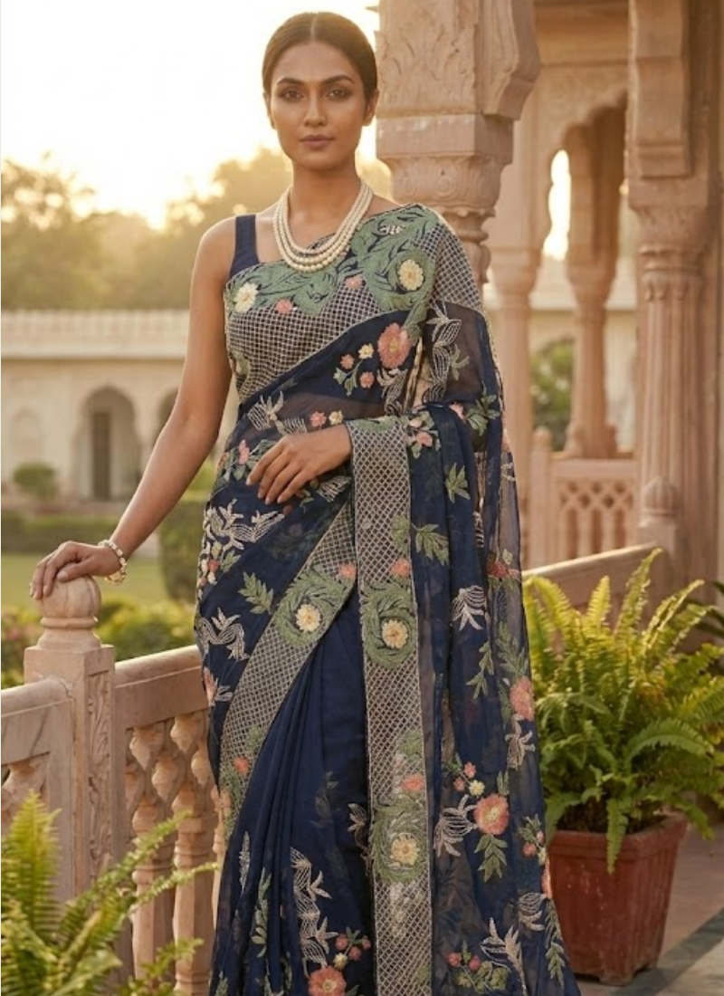 Black Maslin Saree with Floral Embroidery