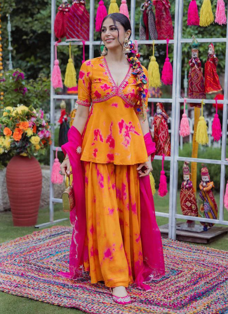 French Crepe Sharara Suit with Digital Print & Embroidered Neckline