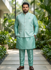 Men’s Silk Kurta Pant Set with Jacquard Koti 4
