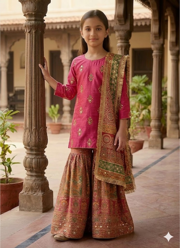 Kids Raw Silk Sharara with Block Print &amp; Mirror Work