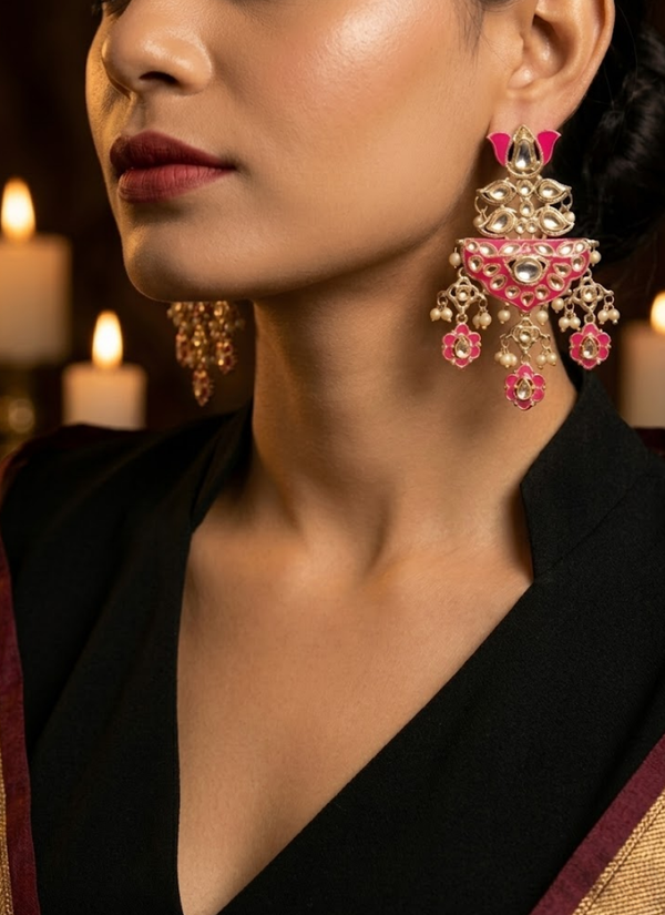 Dharini Kundan Chandbali Earrings – Brass Base with Meenakari, buy Indian jewelry online Australia