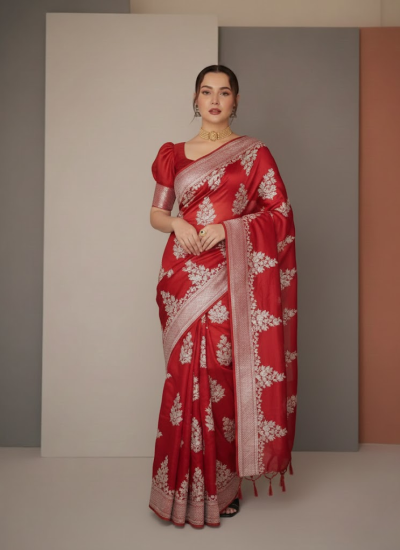 Red Maslin Saree with Golden & White Thread Work