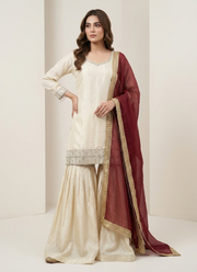 Chinon Sharara Suit with Sequins Embroidery + Silk Dupatta 3