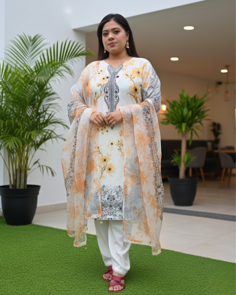 White & Orange Organza Salwar Suit – Floral Print & Pipe Work