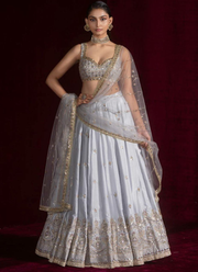 Light Grey/Silver Satin Silk Lehenga Choli with Sequins, Dori & Zari Embroidery + Net Dupatta 4
