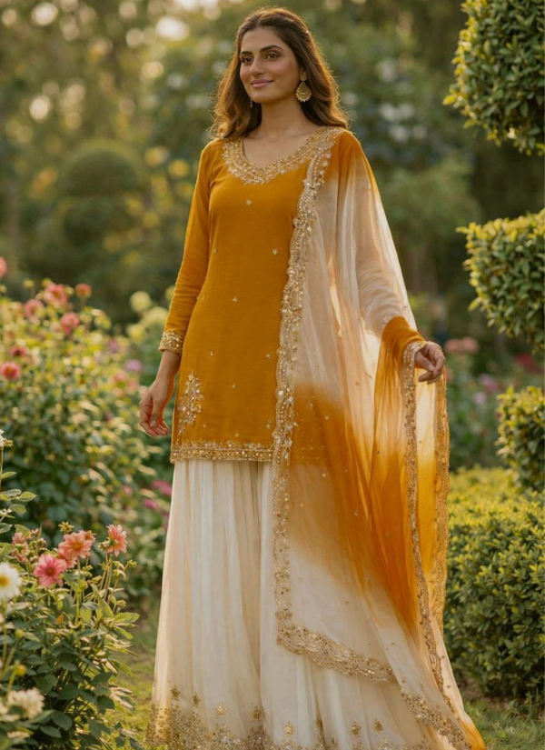 French Crepe Salwar Suit with Organza Dupatta