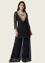 Black Organza Co‑Ord Set with Palazzo, Digital Print Blouse + Mirror Work Top 1