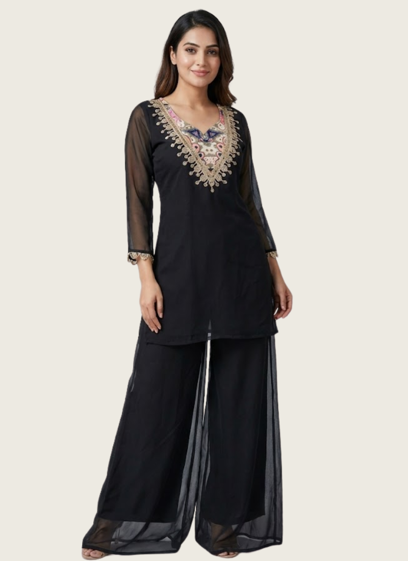 Black Organza Co‑Ord Set with Palazzo, Digital Print Blouse + Mirror Work Top