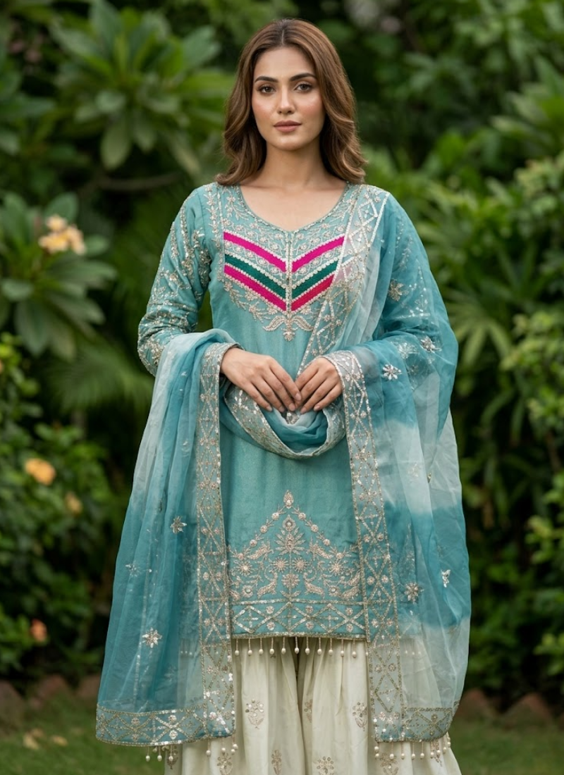 Viscose Satin Silk Kurta Set with Dupatta – Embroidery & Lace, Indian dresses online Australia