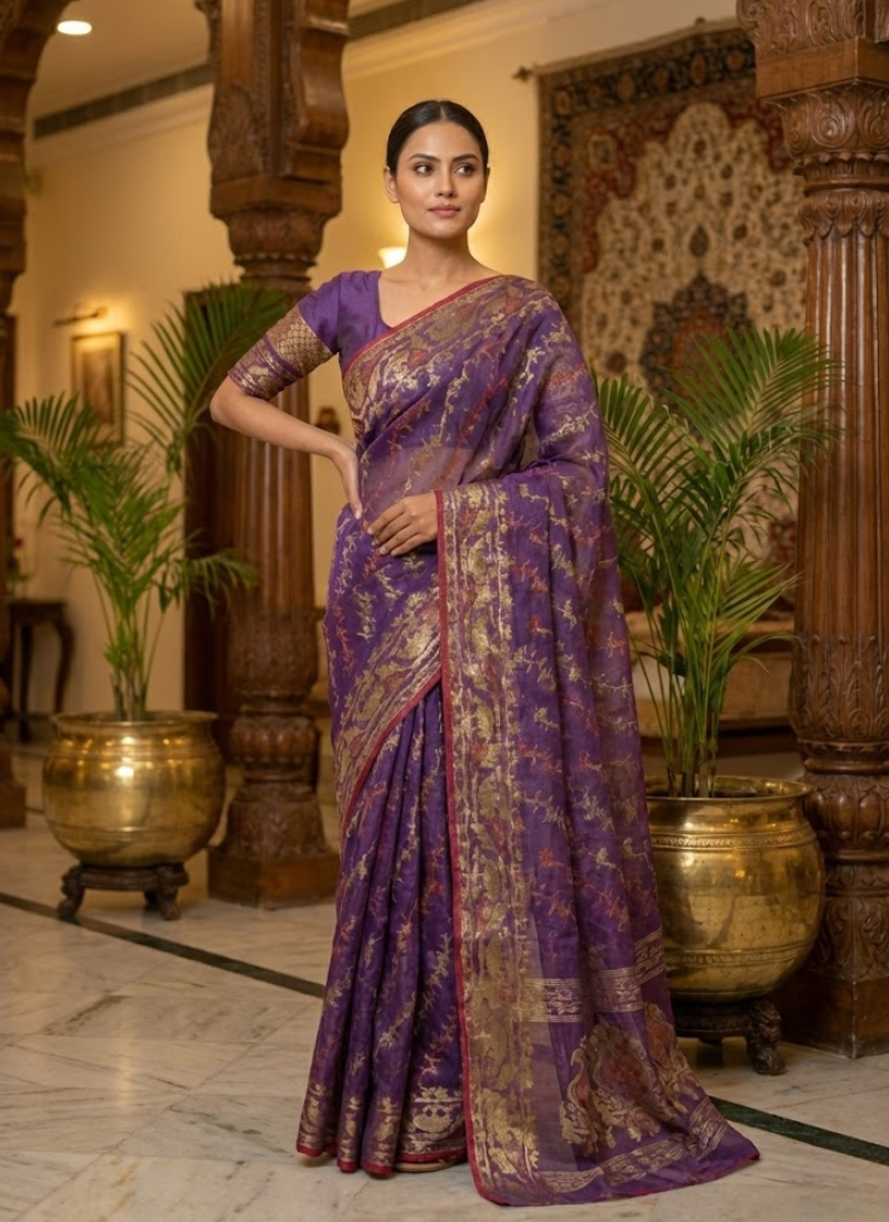 Dark Purple Jamdani Saree with Mari’s Thread Work