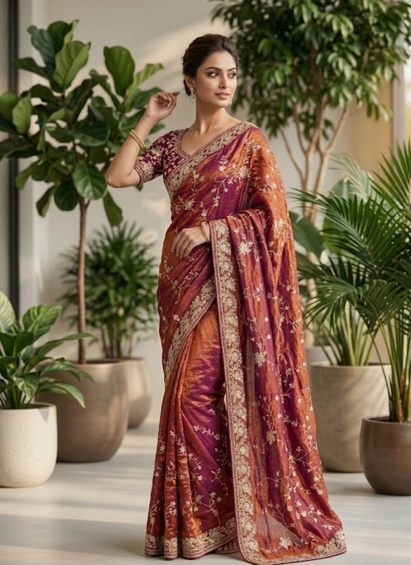 Space Silk Saree – Sequin & Zari Embroidery with Matching Blouse