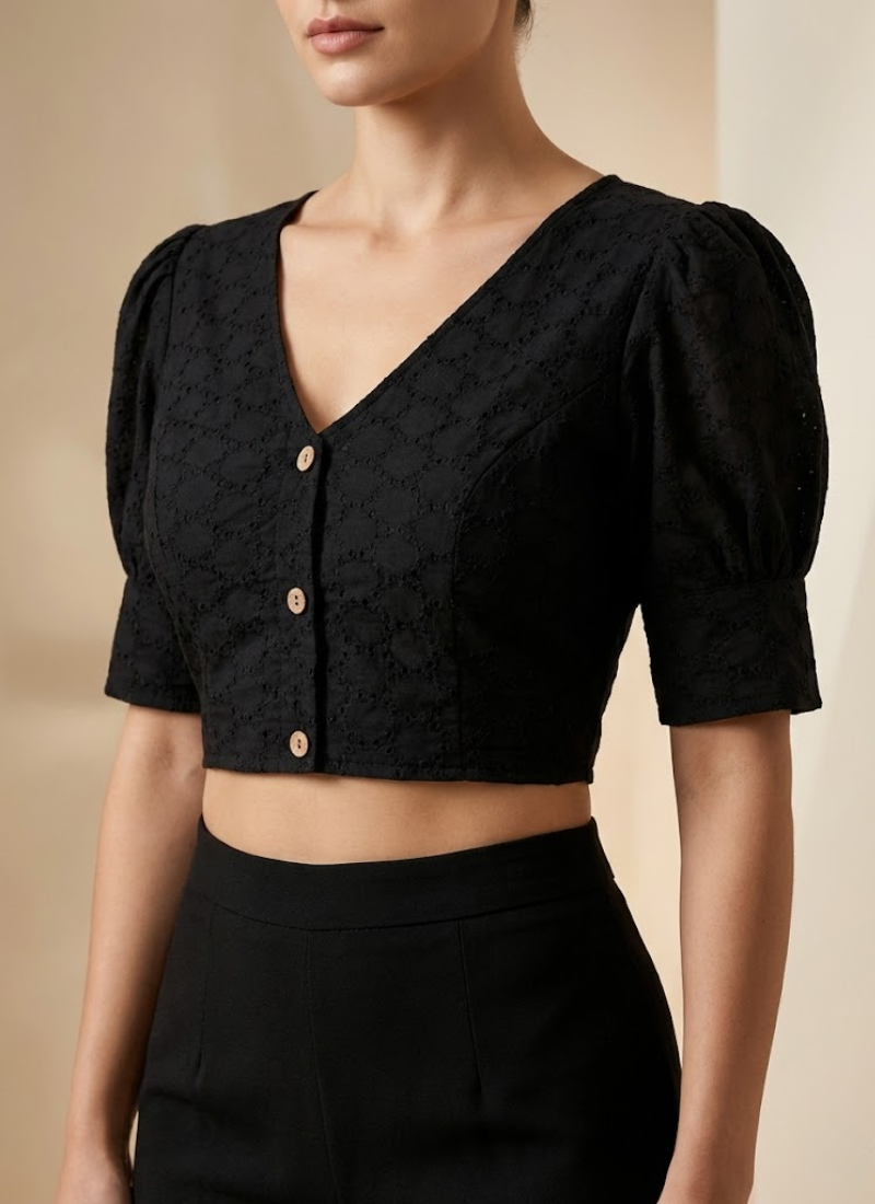 Pure Cotton Hakoba Puff Sleeve Blouse with Football Design