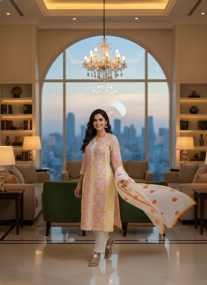 Cotton Block Printed Salwar Suit – White & Orange