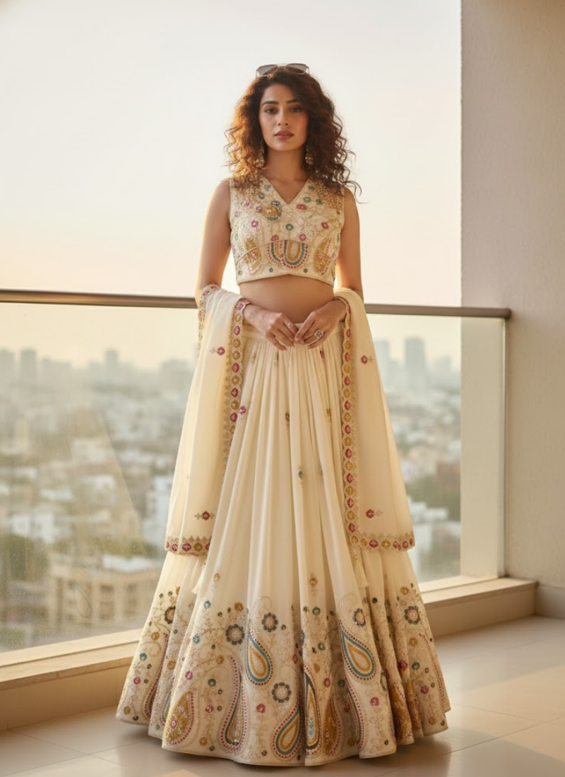 Pure Vichitra Heavy Embroidered Lehenga Choli