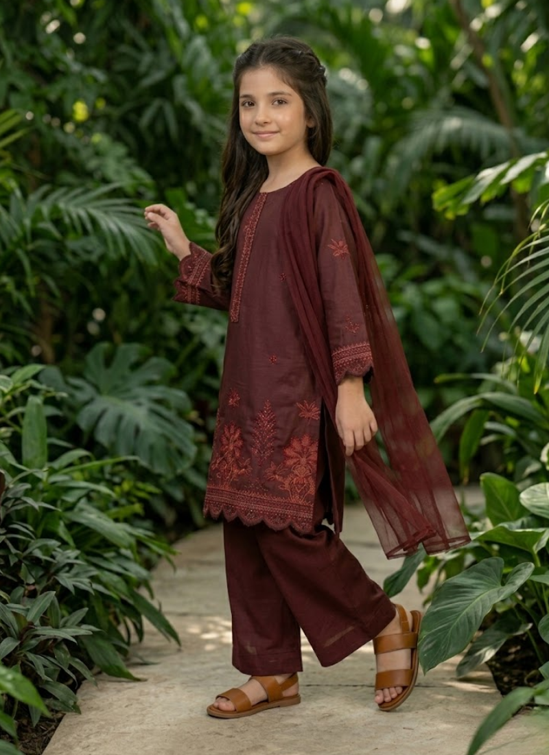 Girl’s 3‑Piece Embroidered Chiffon Midi Shirt Set
