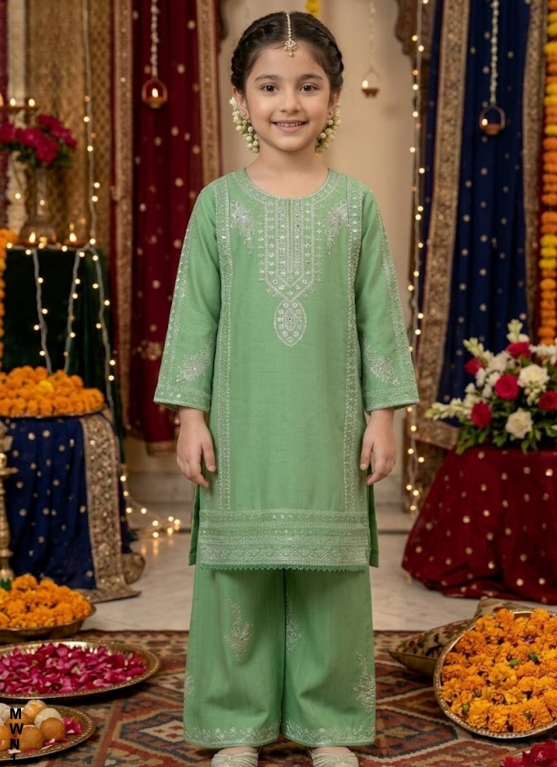 Girl’s 2‑Piece Embroidered Cotton Midi Shirt Set