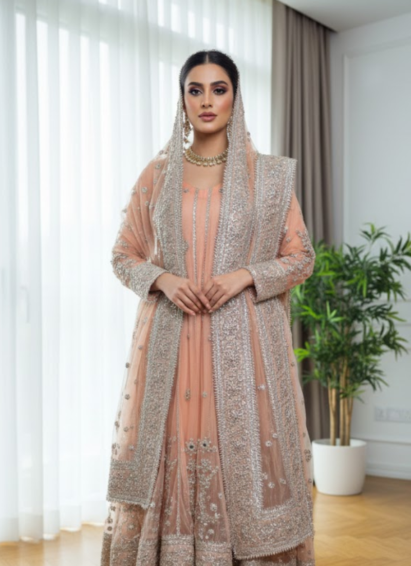 Pakistani Anarkali Dress – Peach Net Gota Patti