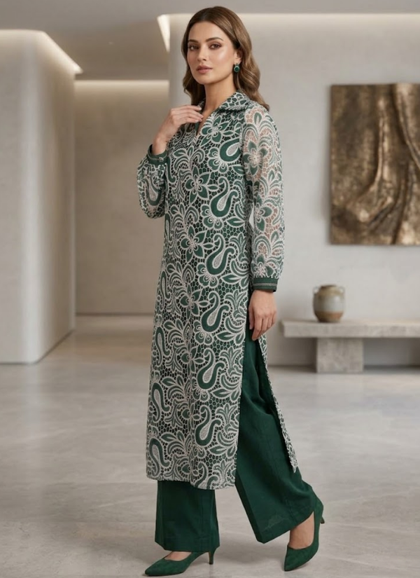Bottle Green Silk Chikankari Co‑Ord Set with Divider Bottom