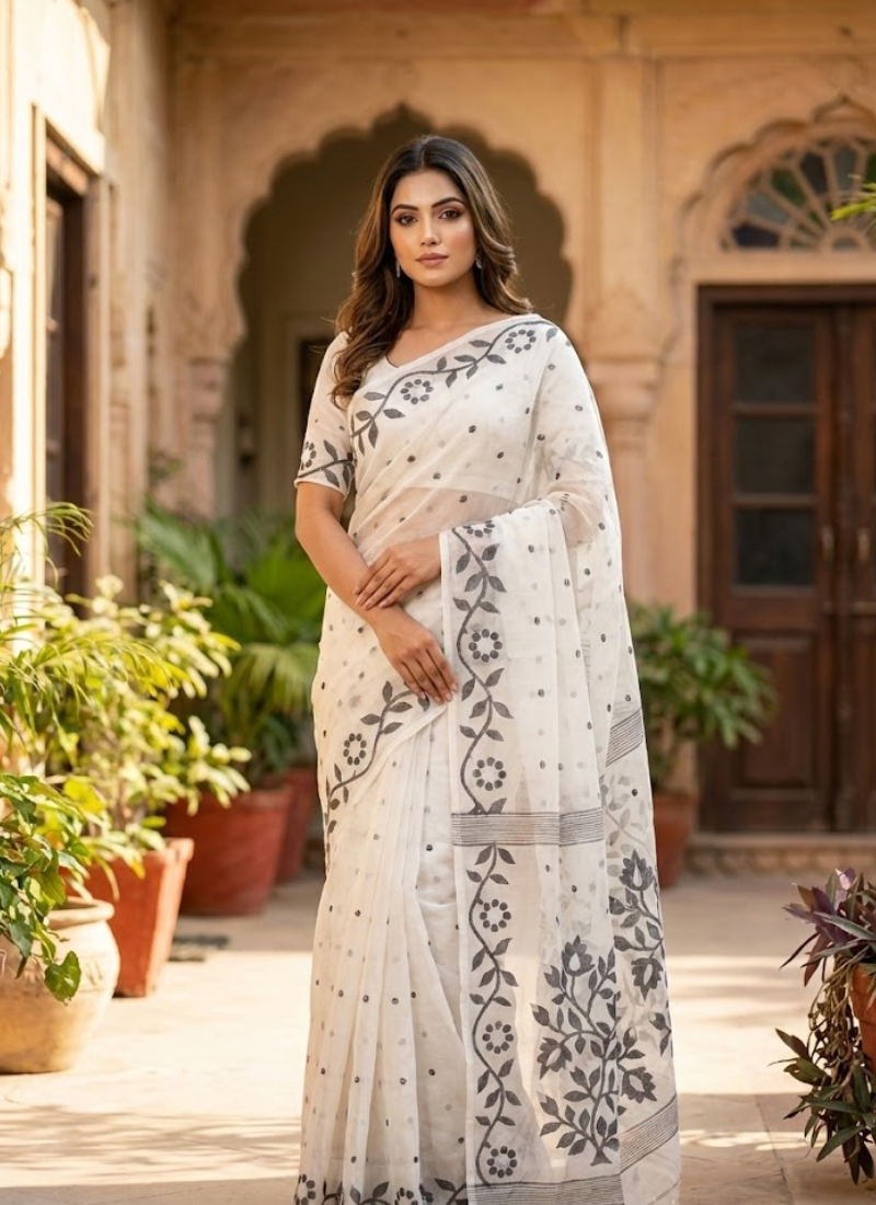 Black & White Tantuz Saree in Maslin Blend