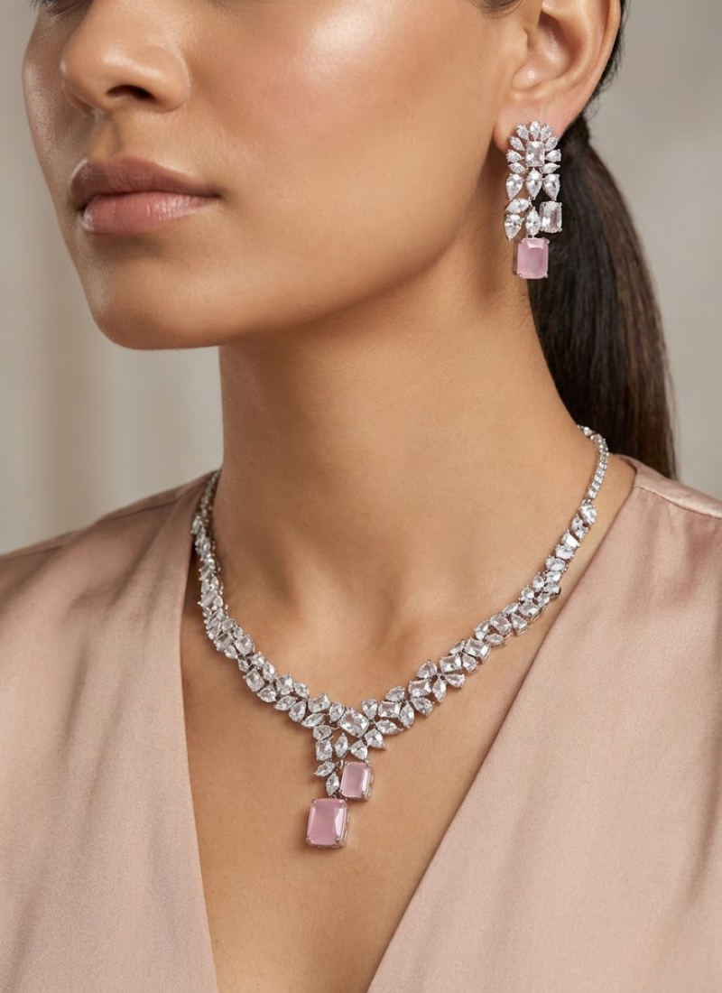 Statement necklace and earring set for women, diamond cut design with premium pink stone, perfect for weddings and parties.
