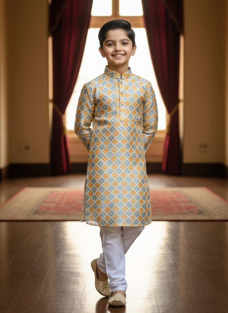 Kids Kurta Pajama – Multicolor Silk Kurta with White Cotton Pyjama