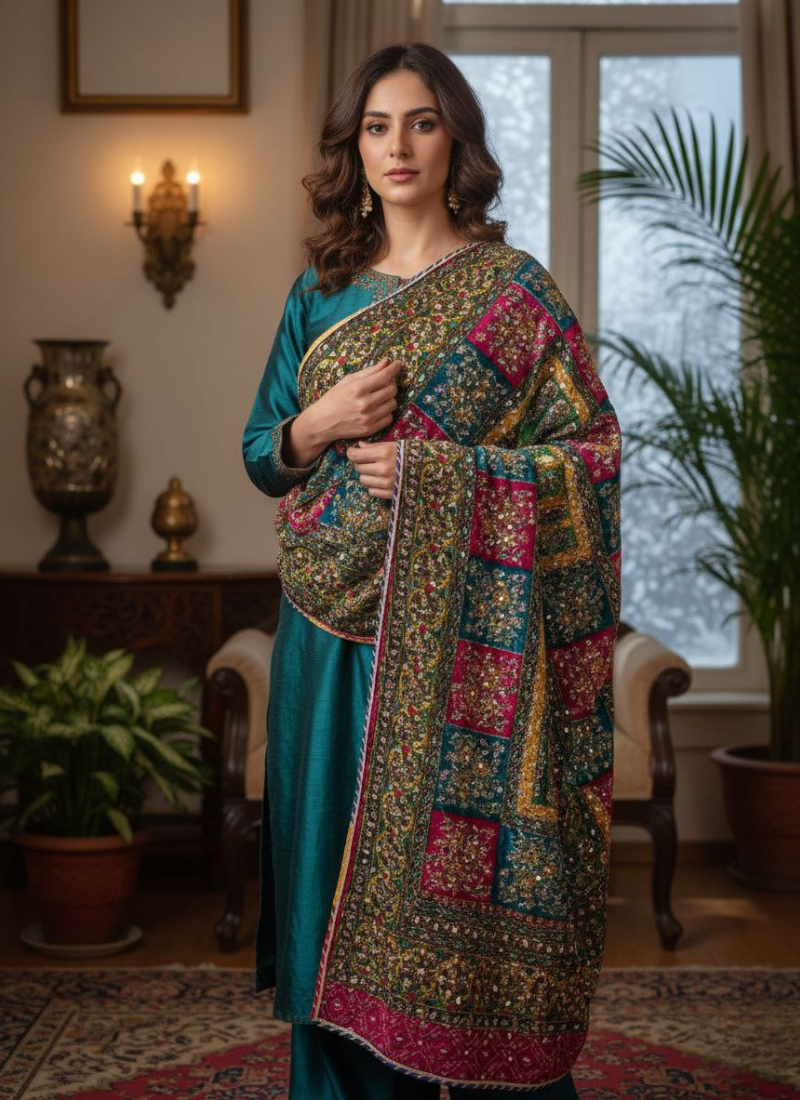 Velvet Winter Shawl with Mirror & Sequence Work – Ladies Shawl