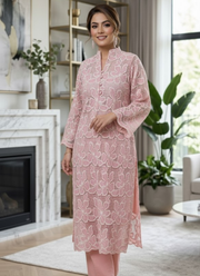 Baby Pink Silk Chikankari Co‑Ord Set with Divider Bottom 3