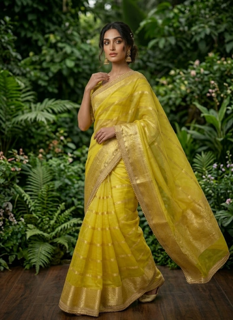 Banarasi Organza Saree with Blouse – Bright yellow