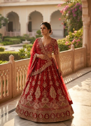 Red Malai Satin Bridal Lehenga Choli with Sequins Embroidery + Organza Silk Dupatta 3