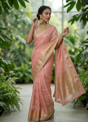 Pink Banarasi Organza Saree with Blouse Piece 3