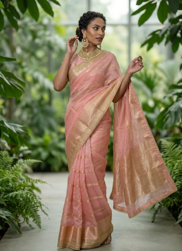 Pink Banarasi Organza Saree with Blouse Piece