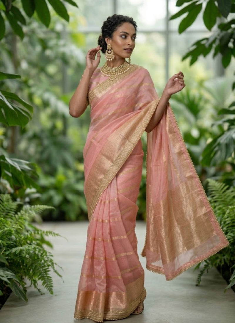 Pink Banarasi Organza Saree with Blouse Piece - View 3