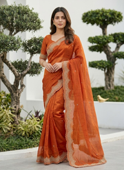 Fendy Satin Silk Saree – Gold Embroidery with Pearl Detailing & Matching Blouse 2