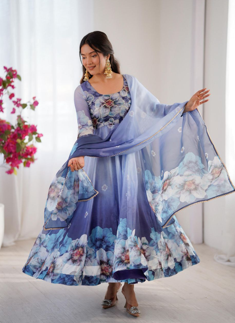 Organza Silk Anarkali Dress with Digital Print & Golden Lace Dupatta
