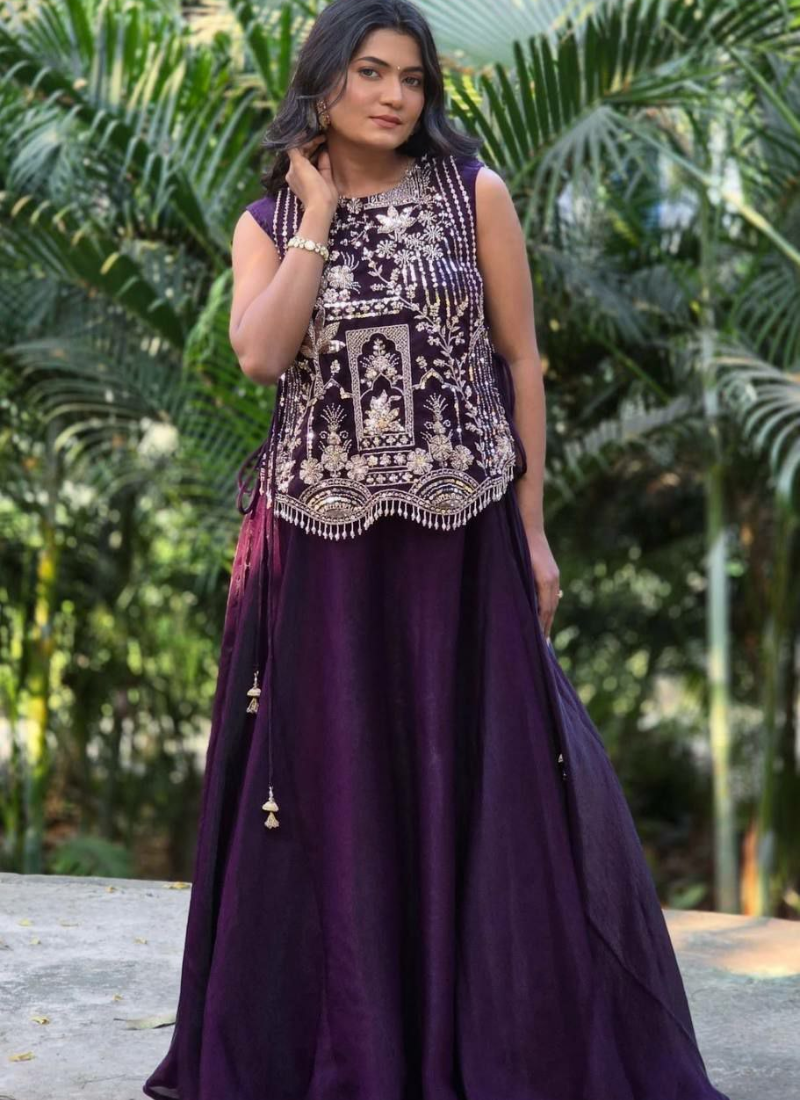 Vichitra Silk Lehenga Set with Embroidered Shrug